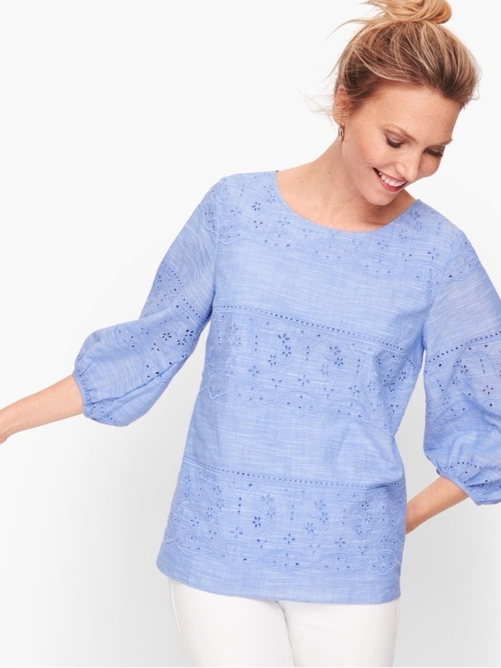 Talbots cotton embroidered eyelet peasant popover blouse w side-zipper closure